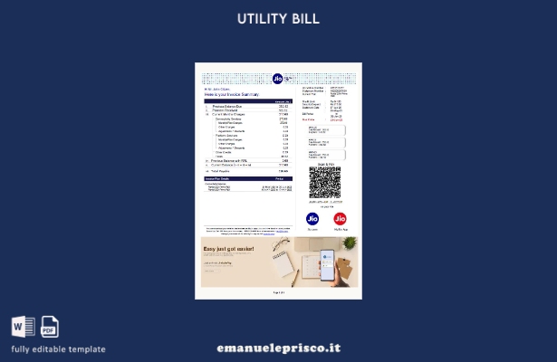 modello di versione word della bolletta delle utenze India Jio Digital Life in s